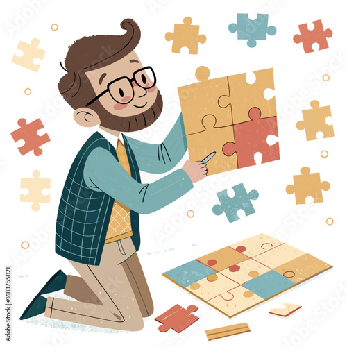 A focused man putting together the pieces of a jigsaw puzzle.