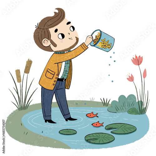 A kind cartoon man feeding small fish in a pond.