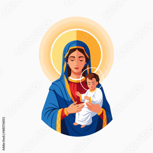 The Blessed Virgin Mary Holding the Infant Jesus in a Stylized Illustration
