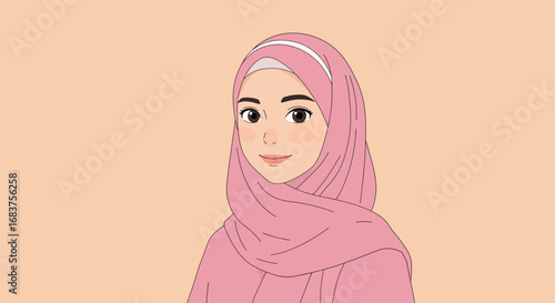 Illustration of a woman with a pink hijab and a white headband, set against a peach background, showcasing a simple and elegant design style
