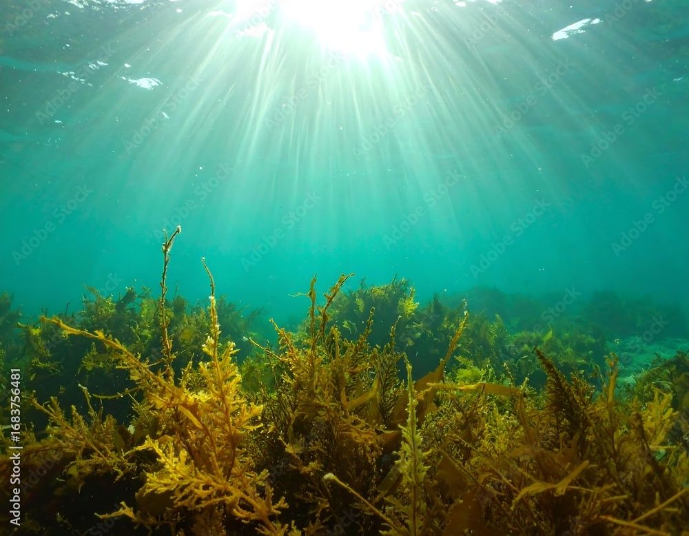 Naklejka premium Underwater scene of sunlit kelp forest