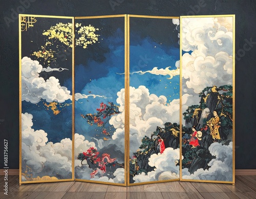 Four-panel screen, ornate Asian-inspired design.  Gold-framed panels depict a serene landscape, clouds, and figures, rich colors