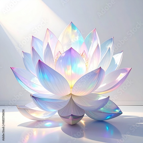 Radiant lotus flower, iridescent petals, bathed in light