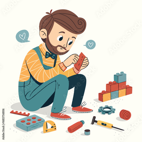 A man with a beard lovingly assembles a toy construction set.