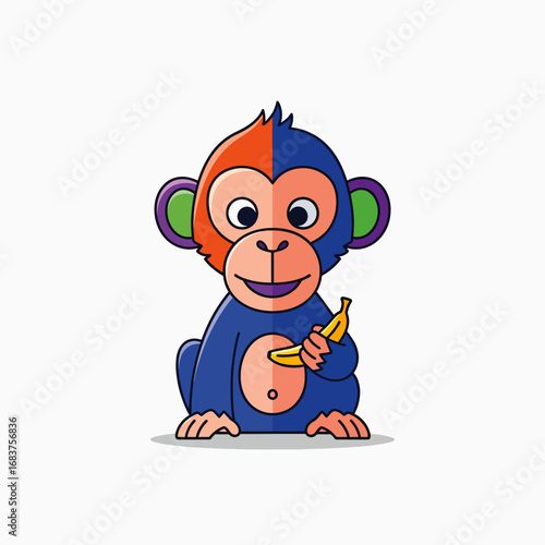 Cute Cartoon Monkey Holding a Banana with Colorful Ears and Face