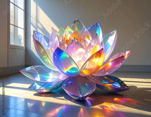 Large, iridescent lotus flower sculpture. Sunlight streams in, illuminating its many facets