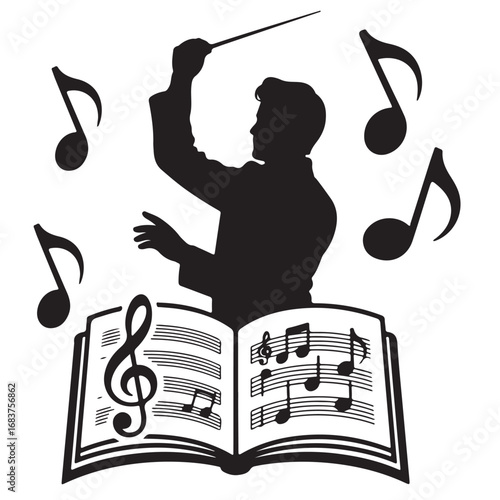 Music Conductor Silhouette Clipart – Black & White Icon with Baton, Notes & Open Score Book