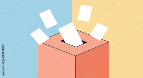 Ballot box with flying papers symbolizing active election process