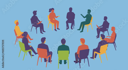 Group discussion illustration with people sitting in circle symbolizing democracy