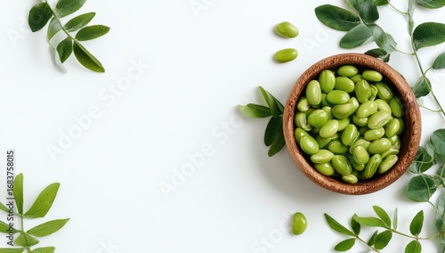 Wallpaper Mural Fresh green beans in a wooden bowl, surrounded by leaves Torontodigital.ca