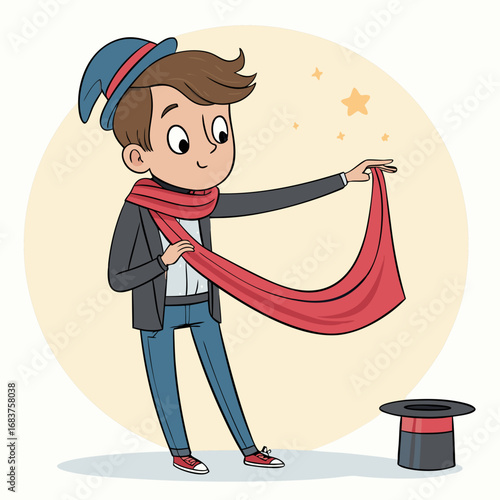 A young boy in a magicians hat performs a trick with a red scarf.