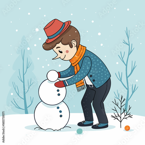 A young boy in a red hat and orange scarf building a snowman in a snowy landscape.