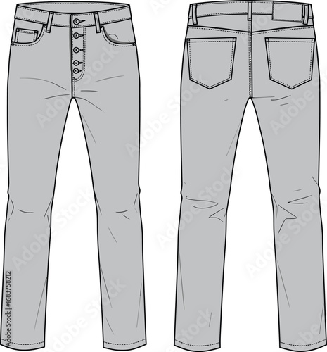 Skinny fit denim jeans flat sketch, front and back view, cad drawing, fashion illustration, technical vector design, garment layout