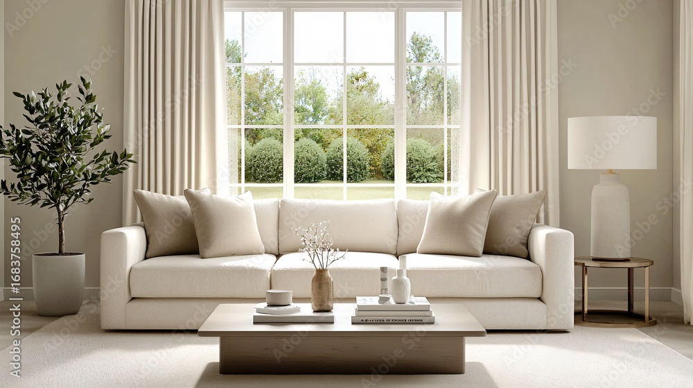 Fototapeta premium Wide panoramic shot of cozy living room with natural light streaming through large windows