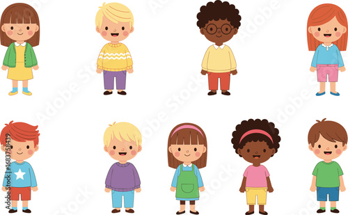 Cartoon children group diverse multicultural kids illustration happy boys and girls standing together isolated vector for education and design