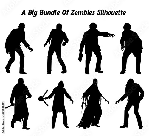 Collection of Eight Zombie Silhouettes in Various Poses on a White Background for Halloween collection
