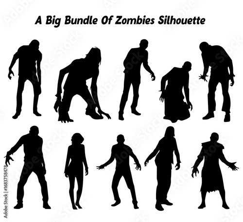 Collection of Zombie Silhouettes in Various Poses for Halloween and Horror Themed Designs and Illustrations