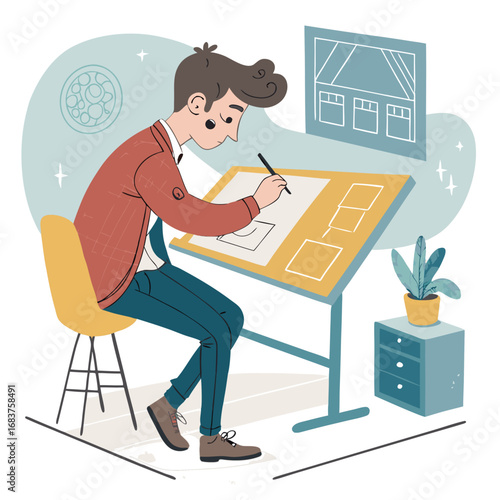 A young male architect drawing a blueprint on a drafting table.