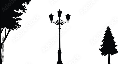 Elegant street lamp silhouette amidst trees park ambiance vector