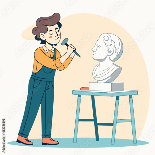 A young sculptor carves a marble bust with a chisel.