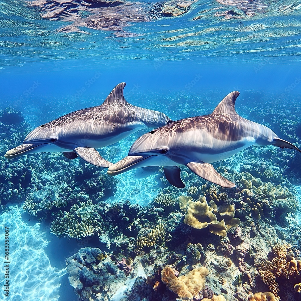 Fototapeta premium Two dolphins swim near a vibrant coral reef