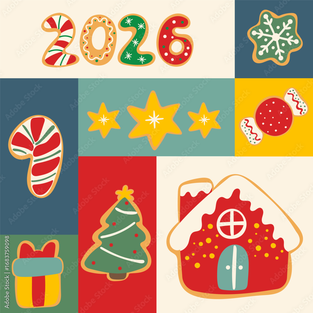 Fototapeta premium Colorful Christmas illustration with gingerbread cookies shaped as numbers 2026, candy cane, star, snowflake, Christmas tree, gift, sweet, and festive house. Holiday decoration design.