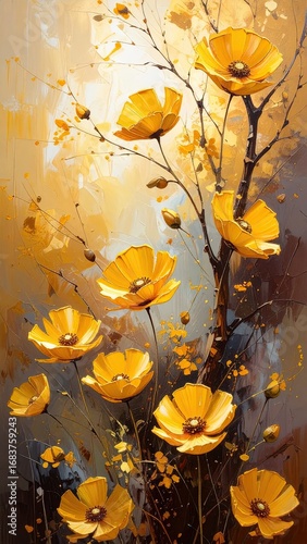 Vertical floral artwork featuring many bright yellow flowers against a muted gold-brown background.  Brushstrokes suggest a textured, painterly style