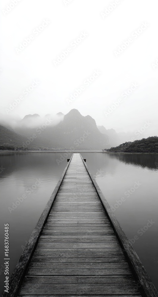 Fototapeta premium Misty lake vista with wooden pier. A tranquil grayscale image of a wooden pier extending into a calm lake. Foggy mountains rise in the distance, mirrored in the water's surface.