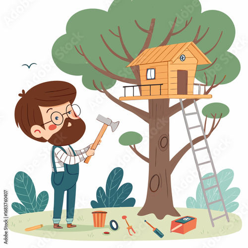 Cartoon father with a beard building a wooden treehouse.