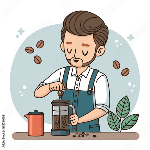 Cartoon illustration of a barista making coffee with a French press.