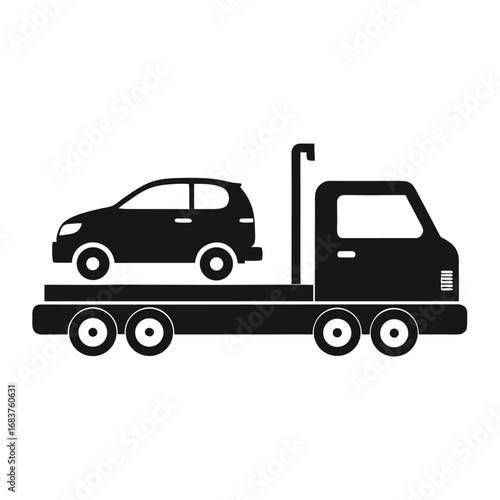 Black and White Flatbed Tow Truck with Car Icon – Roadside Assistance and Vehicle Transport Symbol

