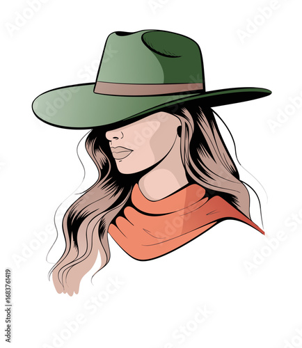 A stylized digital illustration of a woman in profile view
facing left, wearing a wide-brimmed green cowboy hat with a brown band. Her long wavy hair flows down past her shoulders in light beige tones