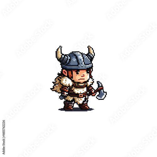 Charming Pixel Art Viking Warrior Character with Axe and Fur
