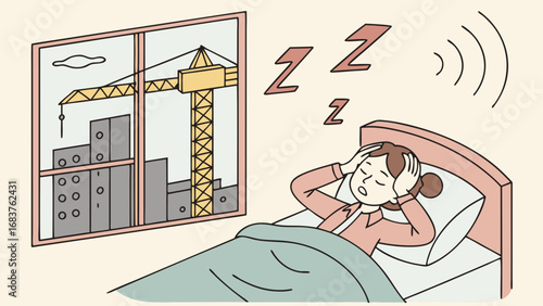 Girl Covering Ears in Bed – Vector Illustration of Noise Pollution, Urban Stress, disturbance  and Psychological Disturbance