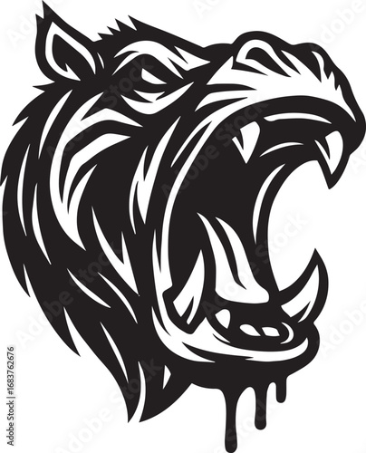 Black and White Stylized Wild Boar Head with Open Mouth and Dripping Jaws animal