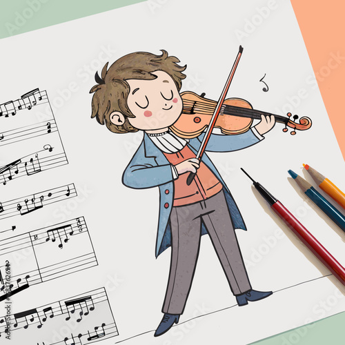 Charming Cartoon Illustration of a Young Violinist Playing Music.