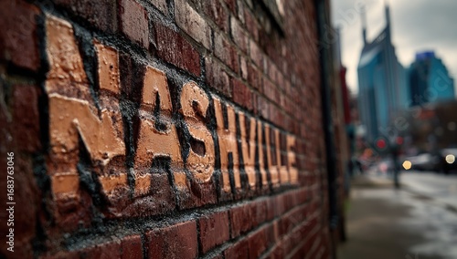 City name etched on a brick wall, urban setting