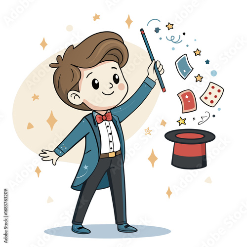 Charming Little Magician with Magic Wand and Cards.