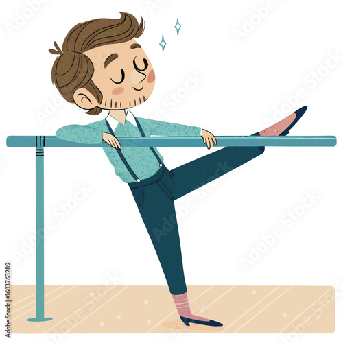 Charming Male Ballet Dancer Stretching at the Barre.