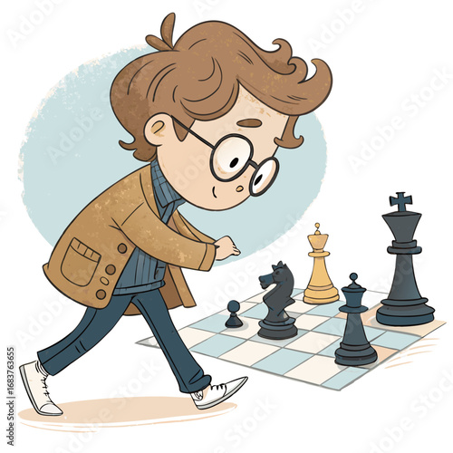 Clever young boy with glasses playing a game of chess.