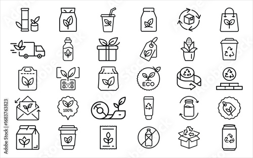 Hand-drawn icon collection featuring eco-friendly and organic products