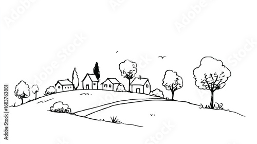 Idyllic countryside hilltop houses with trees in minimalist line drawing style and birds flying overhead peaceful landscape