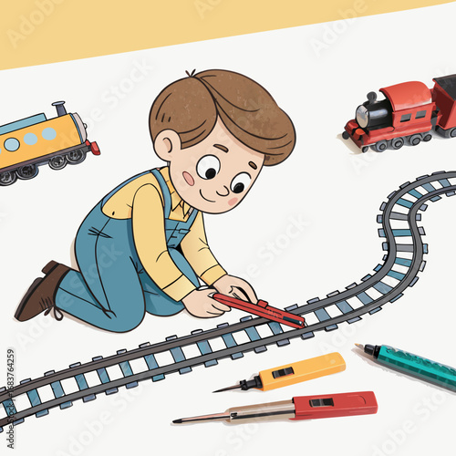 Creative Young Boy Building a Toy Railroad Set.