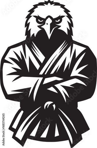 Fierce eagle in martial arts gi with crossed arms, black and white graphic bird raptor