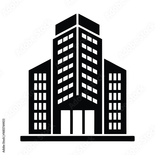 Sleek black fill vector illustration of a modern corporate skyscraper building icon