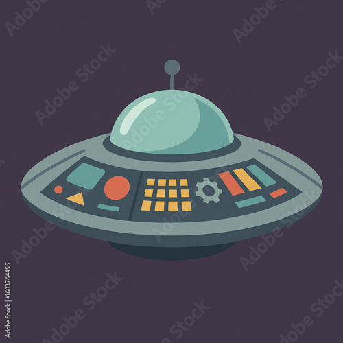 Flat Alien Spaceship Illustration with Geometric Control Panels Minimal Design