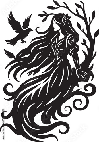 Mythical Woman with Flowing Hair and Bird by Stylized Tree fantasy female