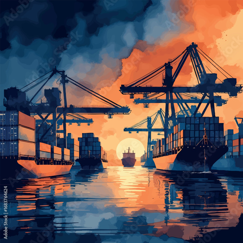 Sunset Port and Shipping Watercolor. Atmospheric Maritime Industrial Infrastructure Illustration.