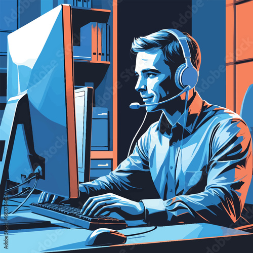 Tech support specialist outline illustration. Vector continuous line art of customer service representative with headset providing online assistance.