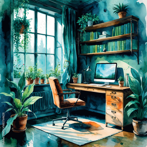 Atmospheric Home Office Watercolor Art. Cozy Bookshelf and Desk Interior Illustration.